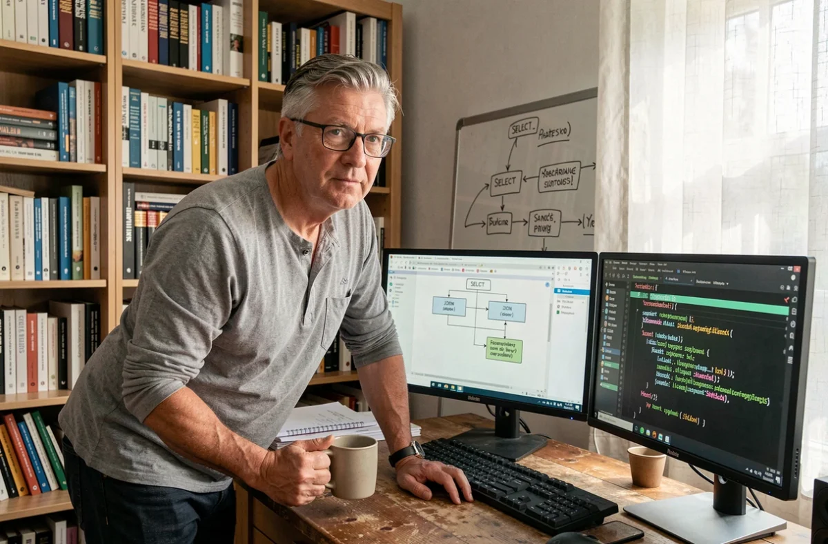 Administrateur de base de données travaillant sur des requêtes SQL dans un bureau à domicile avec schéma de données visible