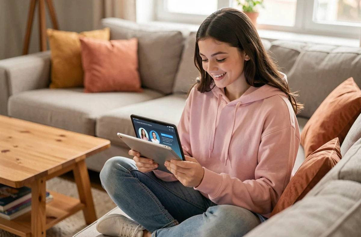 Adolescente utilisant une application d'assistant vocal sur tablette dans un salon confortable