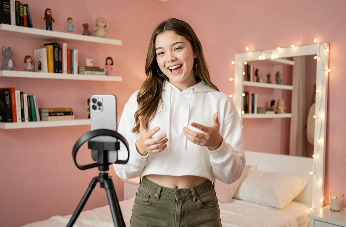 Adolescente filmant une vidéo TikTok dans sa chambre, illustrant le fonctionnement de l'algorithme de contenu de la plateforme