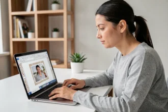 Femme travaillant sur Word pour ajouter une bordure à une image sur son ordinateur portable