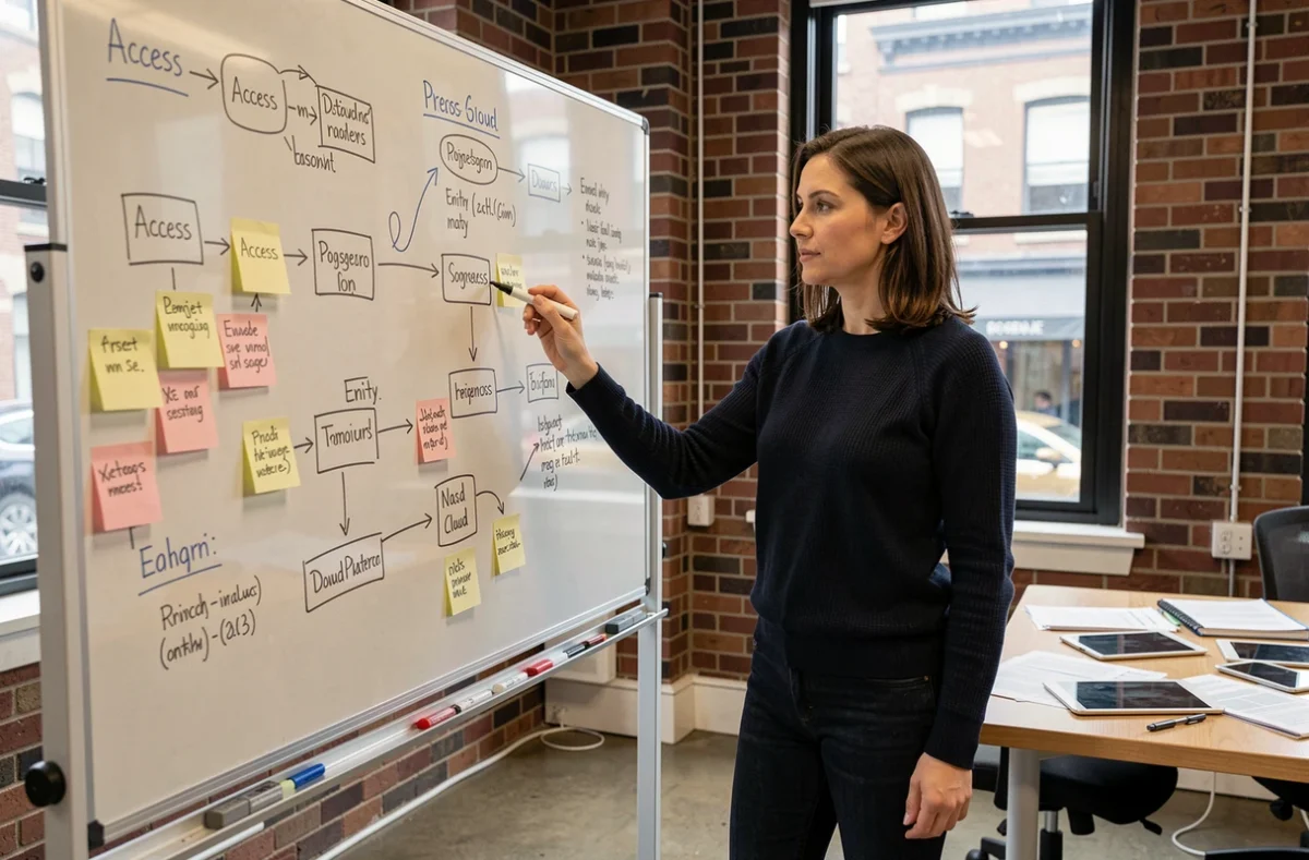 Développeuse présentant des schémas de bases de données alternatives à Access sur un tableau blanc dans un espace de travail collaboratif