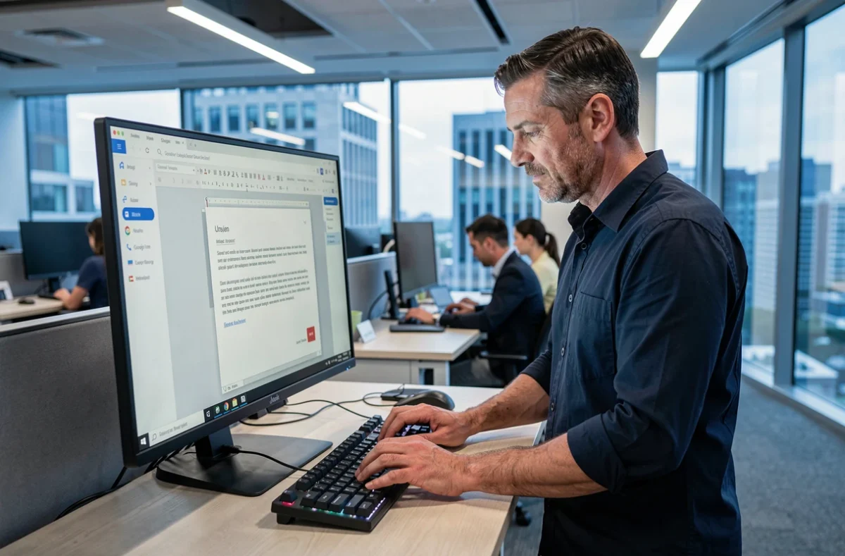 Homme travaillant sur un traitement de texte alternatif à Word dans un bureau moderne en open space