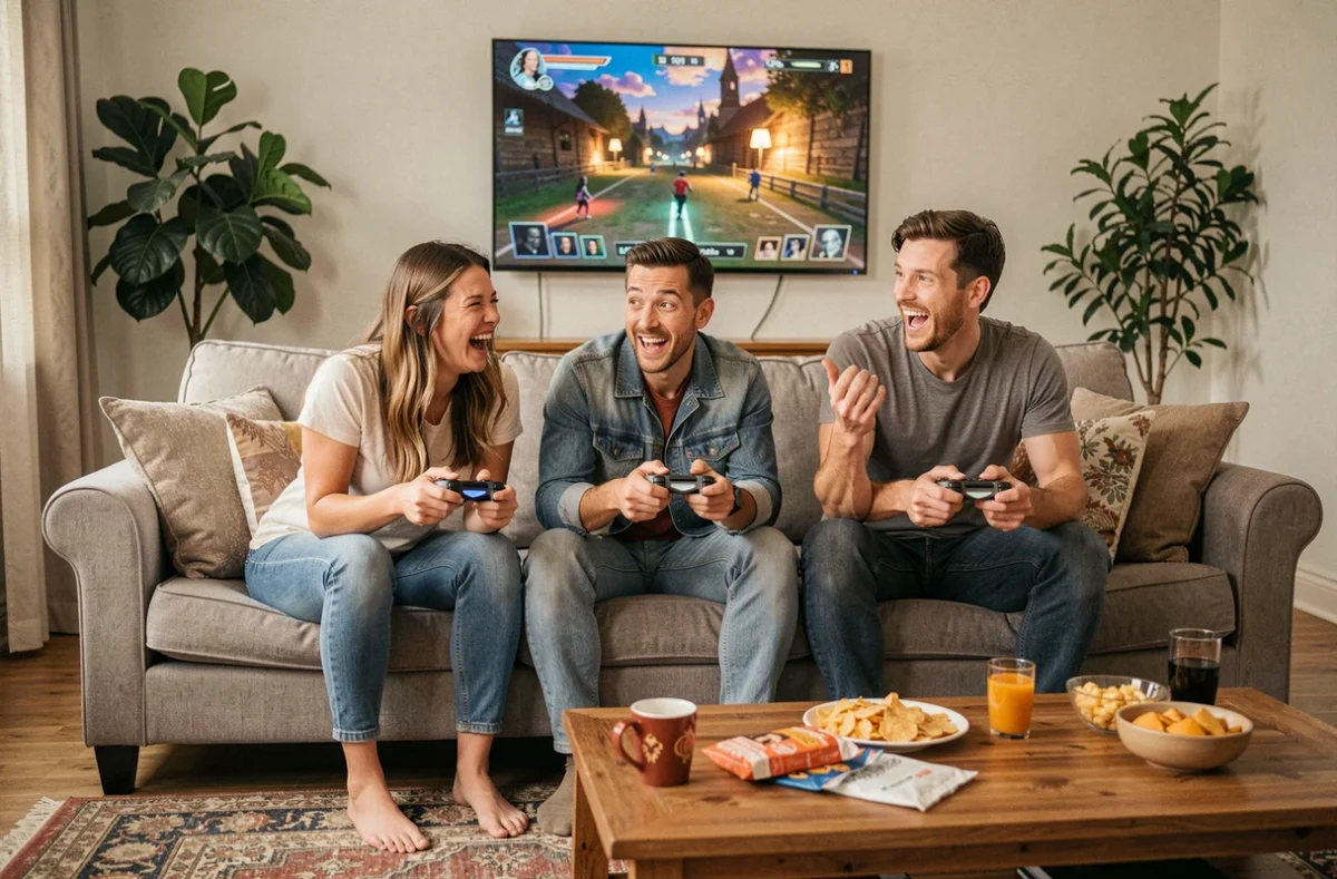 Groupe d'amis adultes jouant ensemble à un jeu vidéo multijoueur dans un salon confortable