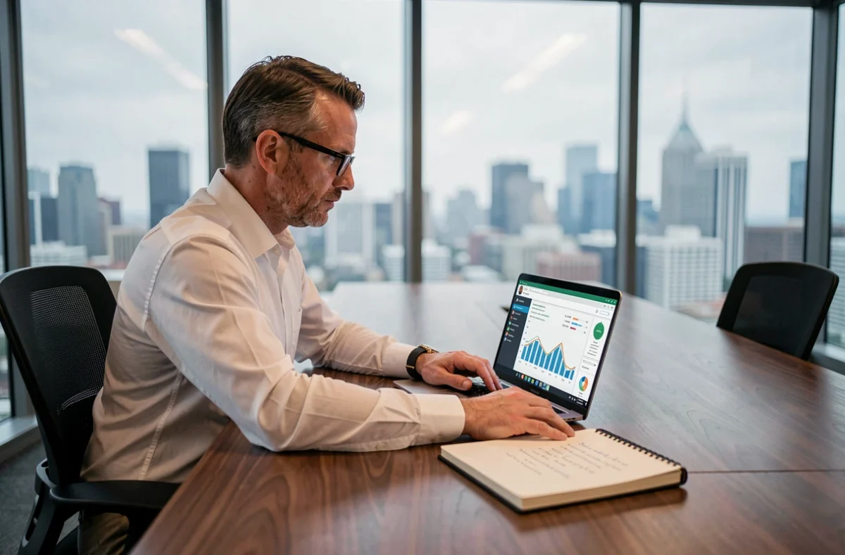Homme d'affaires analysant un tableau de bord de métriques clients sur ordinateur portable en salle de réunion