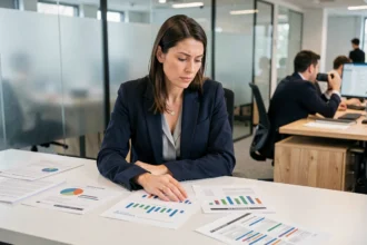 Femme analyste en blazer marine étudiant des fiches de profil client idéal sur un bureau de bureau moderne