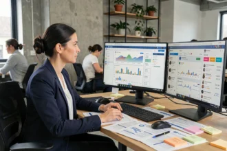 Responsable marketing analysant les différences entre publicité payante et SMM organique sur deux écrans dans un bureau moderne