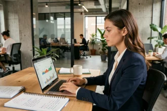 Professionnelle du marketing digital analysant des données SEO sur un ordinateur dans un bureau moderne
