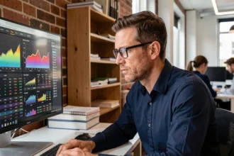 Professionnel du marketing digital analysant des données CPC de mots clés sur un écran d'ordinateur dans un bureau moderne