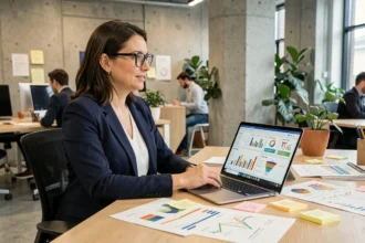 Analyste marketing féminine travaillant sur des tableaux de bord de données dans un bureau moderne
