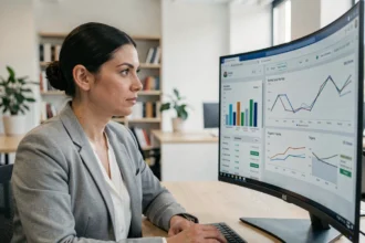 Femme analyste SEO examinant des graphiques de référencement naturel sur un écran d'ordinateur dans un bureau moderne