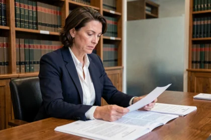Une avocate examine des documents officiels pour faire appel d'une décision de l'ICO dans un bureau juridique britannique