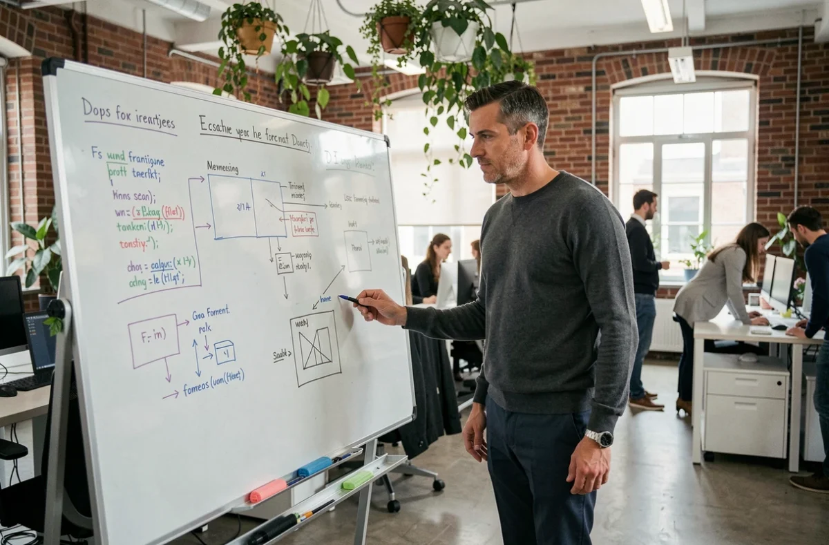 Architecte logiciel présentant un schéma d'architecture sur tableau blanc dans un open space tech — salaires élevés informatique