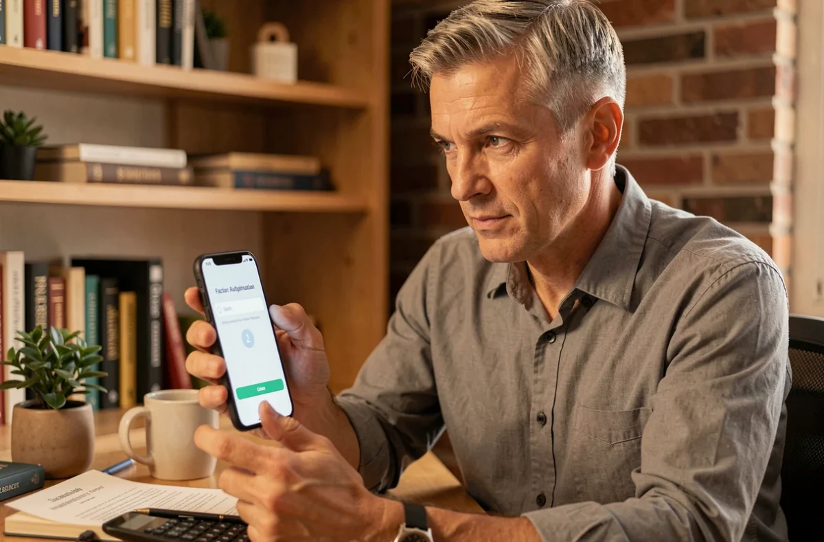 Homme utilisant l'authentification à deux facteurs sur smartphone dans un bureau à domicile