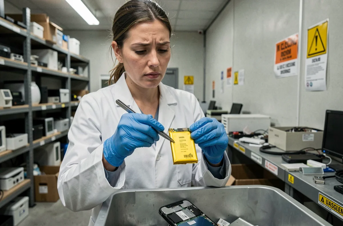 Scientifique tenant une batterie de smartphone gonflée avec des pinces, symbolisant la pollution des batteries lithium-ion des téléphones portables
