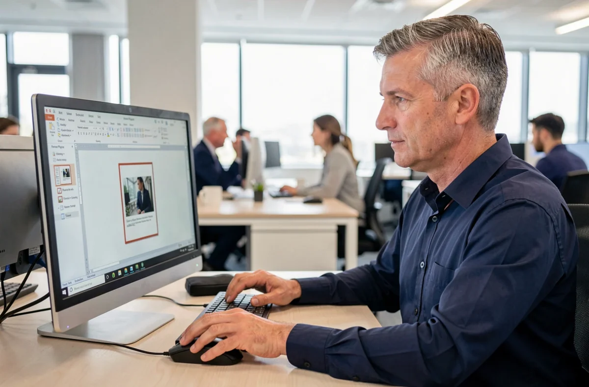 Homme en bureau utilisant Word pour appliquer une bordure autour d'une image dans un document