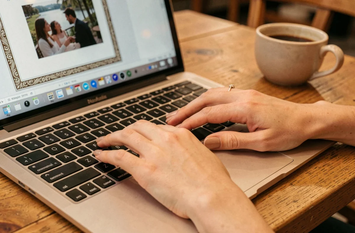 Gros plan de mains tapant sur un clavier pour insérer une bordure d'image dans Word dans un café