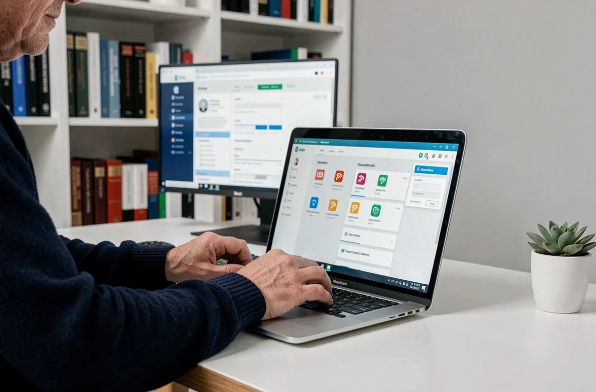 Mains masculines tapant sur un clavier avec deux écrans affichant les paramètres de flux RSS dans SharePoint depuis un bureau à domicile