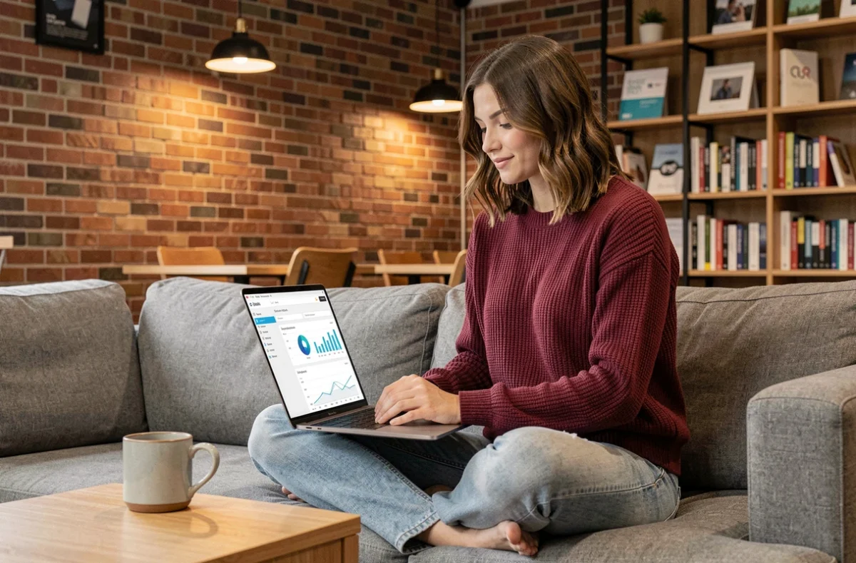 Jeune femme travaillant sur une plateforme de campagne automatisée depuis un espace de coworking