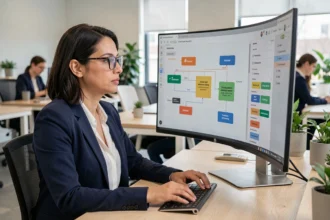 Femme assise devant un écran affichant un logiciel de campagne automatisée dans un bureau moderne