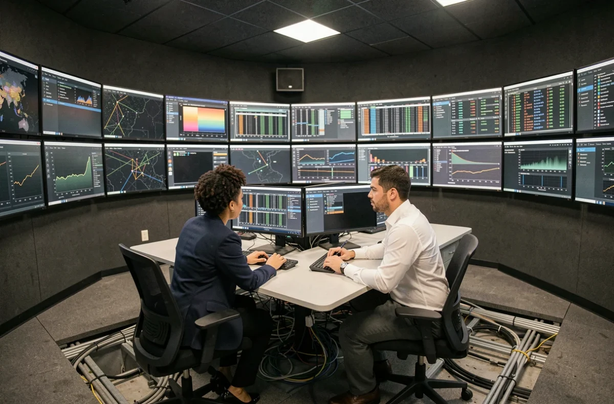 Centre d'opérations réseau d'un data center avec deux ingénieurs surveillant des tableaux de bord en temps réel sur un grand mur d'écrans, représentant la gestion technique des plus grands centres de données du monde