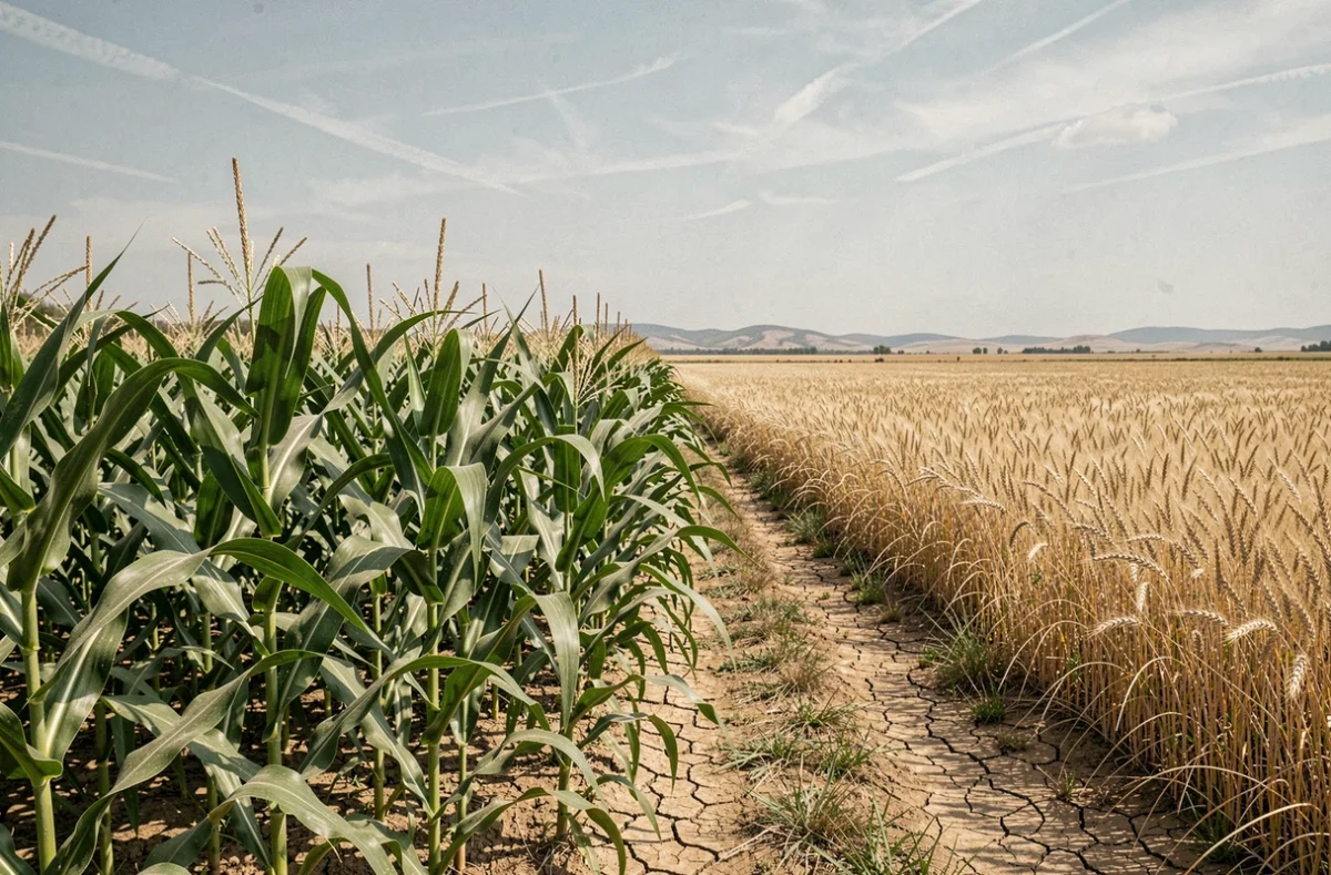 Champ de maïs C4 vigoureux au premier plan contrastant avec un champ de blé C3 plus pâle en arrière-plan, illustrant la résistance à la sécheresse des plantes à voie C4