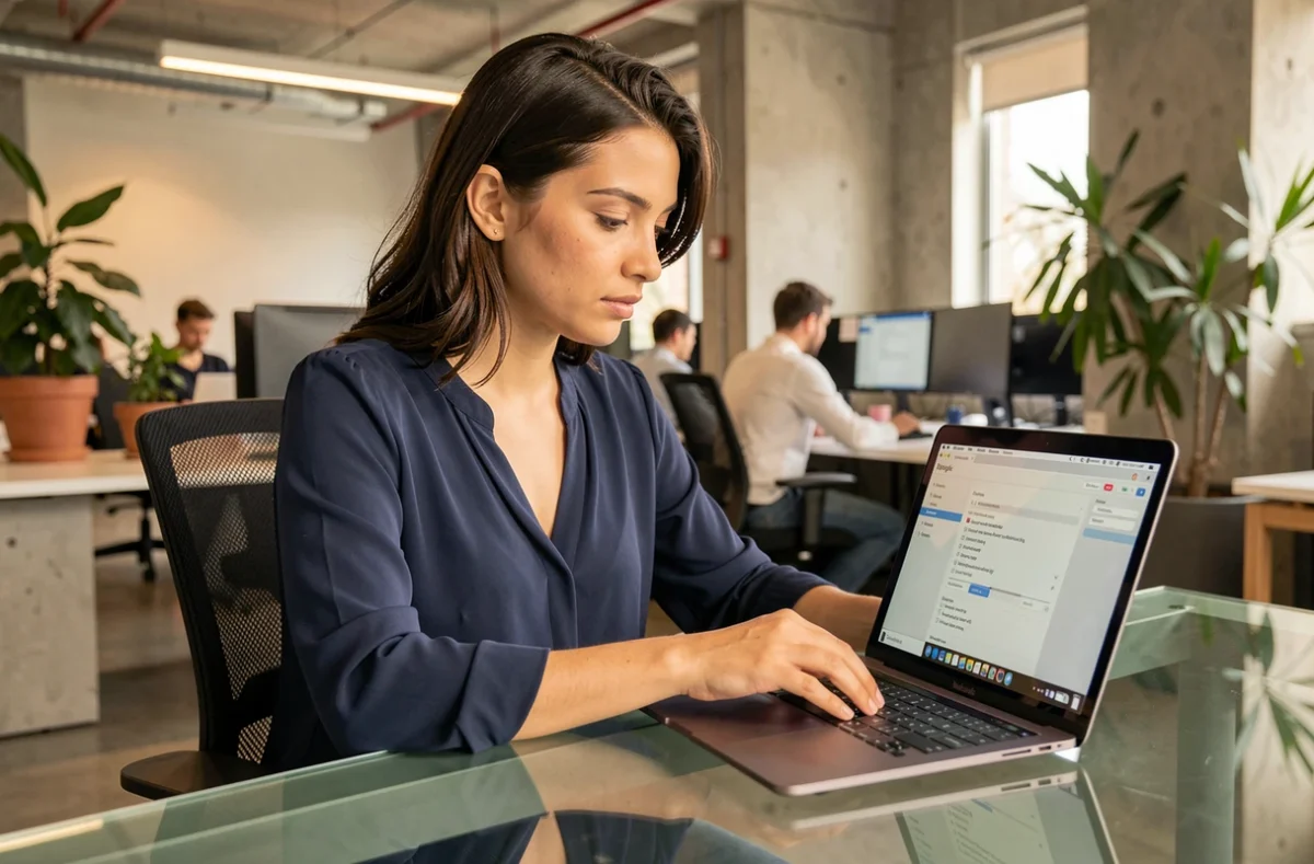 Femme modifiant la disposition du clavier en QWERTY sur un MacBook dans un bureau moderne