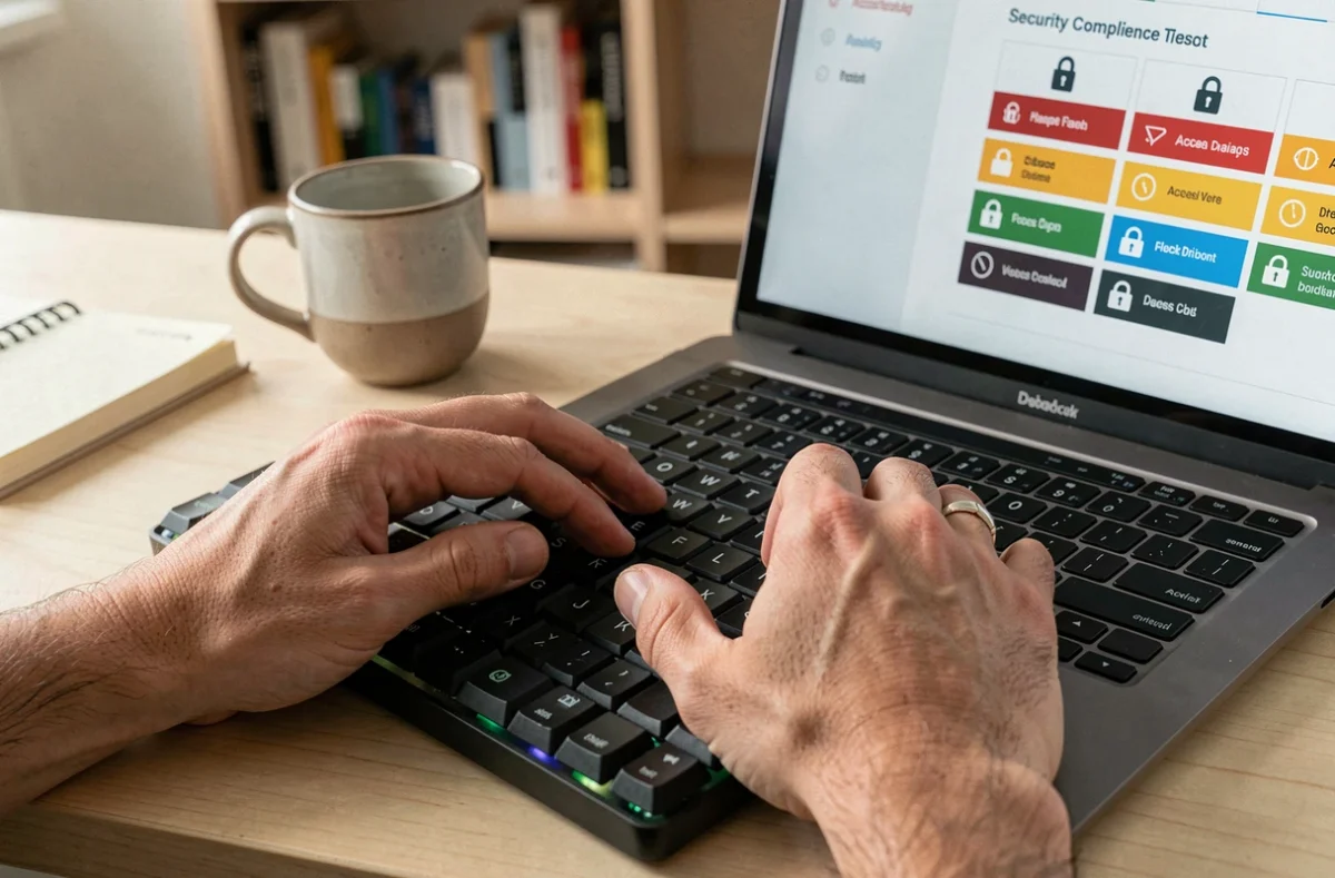Mains tapant sur un clavier devant une interface de conformité en sécurité informatique sur laptop dans un bureau épuré