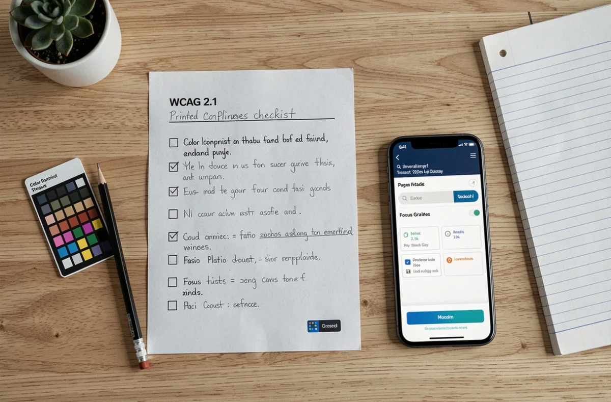 Vue aérienne d'un bureau avec une checklist WCAG annotée, un outil de contraste et un smartphone affichant des indicateurs d'accessibilité