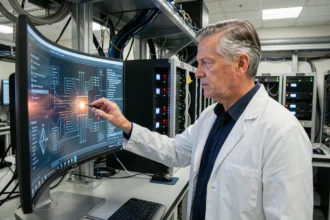 Chercheur en informatique quantique analysant un circuit quantique complexe dans un laboratoire high-tech