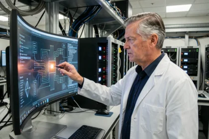 Chercheur en informatique quantique analysant un circuit quantique complexe dans un laboratoire high-tech