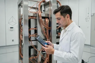Chercheur en informatique quantique inspectant un ordinateur quantique cryogénique dans un laboratoire stérile