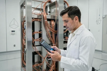 Chercheur en informatique quantique inspectant un ordinateur quantique cryogénique dans un laboratoire stérile
