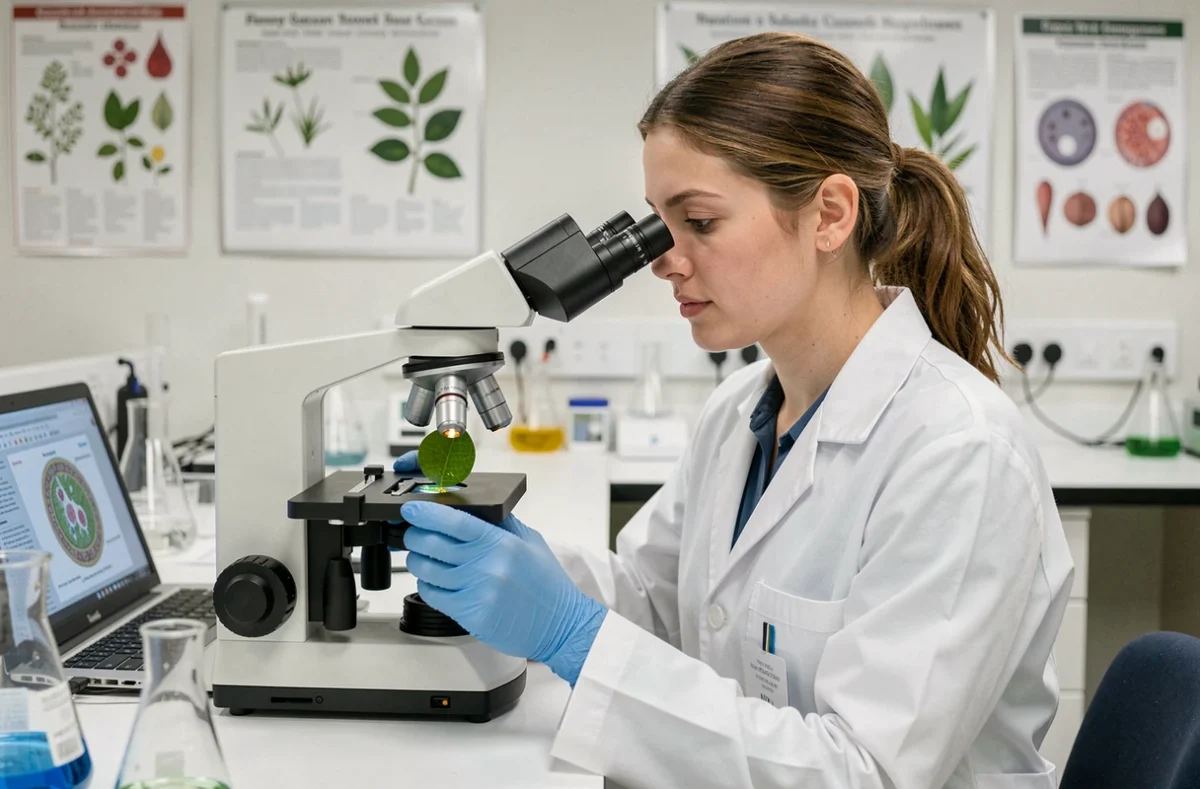 Chercheuse en biologie végétale analysant une coupe transversale de feuille au microscope dans un laboratoire universitaire, étude des différences anatomiques entre plantes C3 et C4