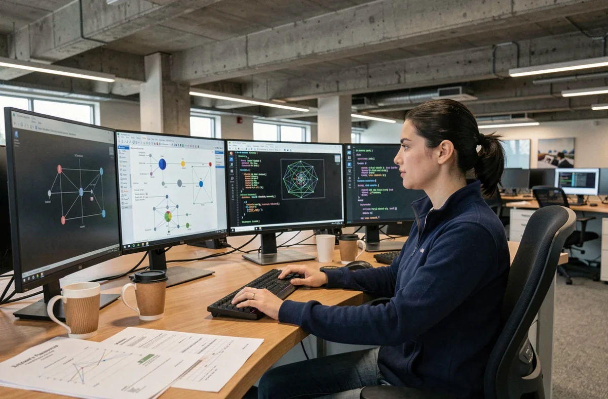 Chercheuse travaillant sur des simulations d'informatique quantique dans un centre universitaire de calcul