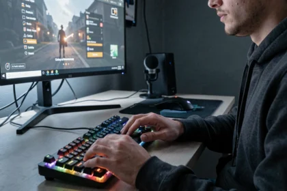 Jeune gamer utilisant un clavier mécanique QZERTY rétroéclairé RGB sur un bureau gaming moderne