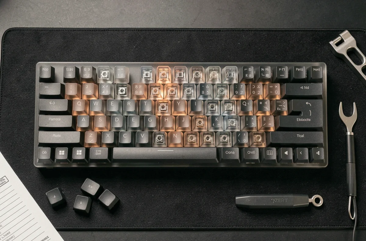 Vue de dessus d'un clavier mécanique QZERTY gaming avec accessoires et guide d'achat sur bureau sombre