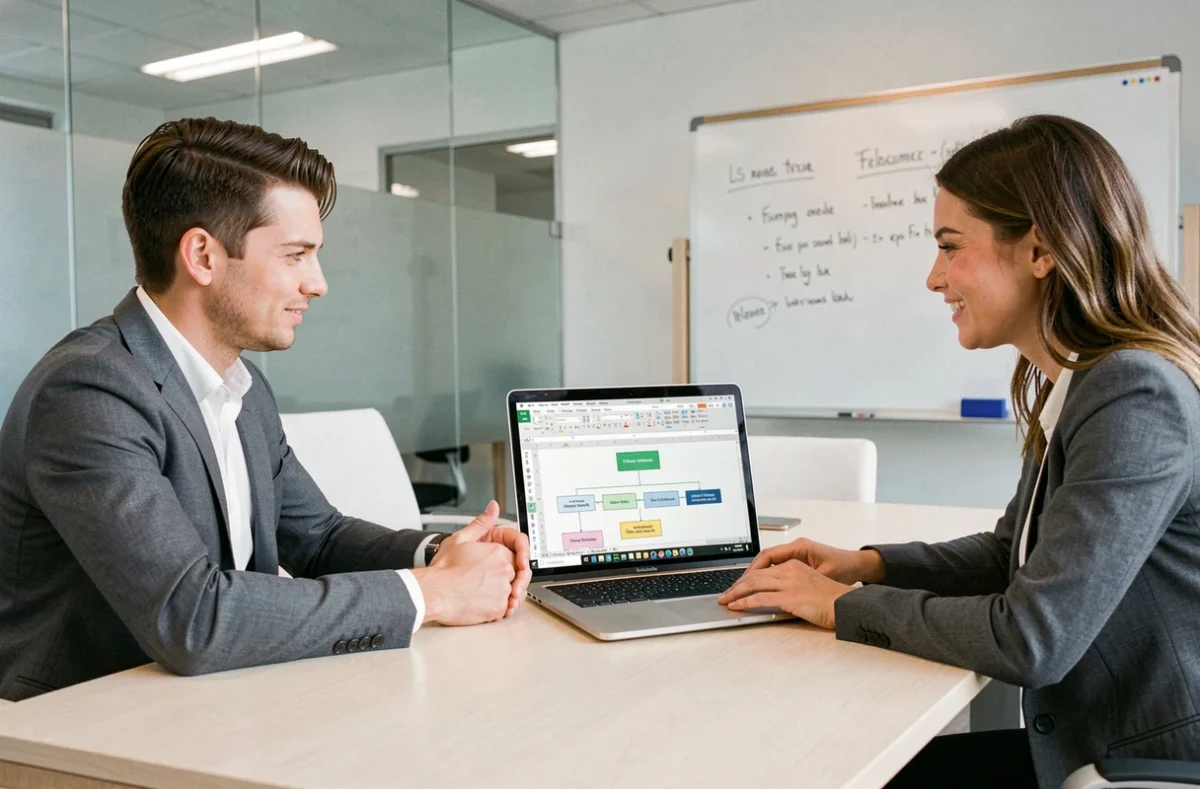 Deux collègues collaborant sur l'automatisation d'un tableau Excel dans une salle de réunion vitrée