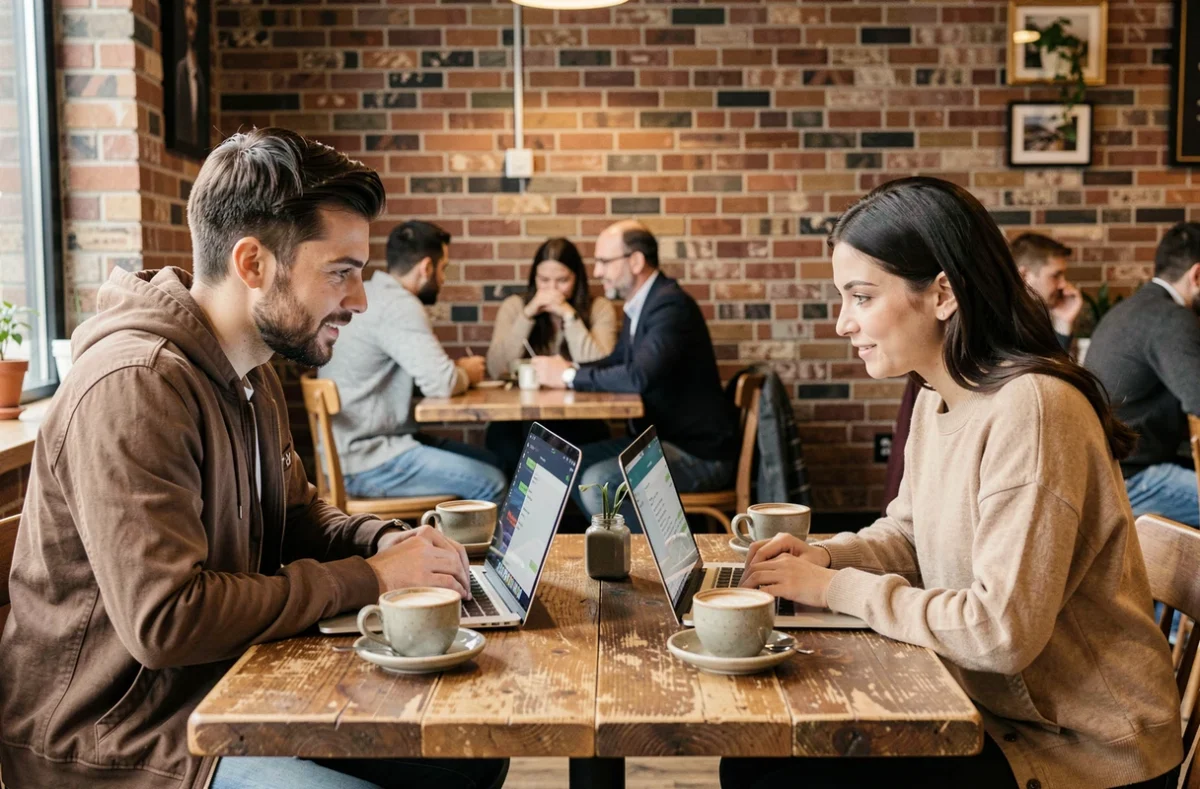 Deux collègues utilisant des outils de communication chiffrée et VPN sur leurs ordinateurs portables dans un café pour protéger leurs échanges en ligne