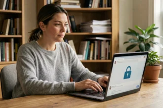 Femme utilisant une application de messagerie chiffrée sur son ordinateur portable dans un bureau à domicile pour une communication sécurisée en ligne