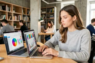 Jeune femme comparant deux interfaces graphiques sur des écrans d'ordinateur portables dans un espace de coworking moderne