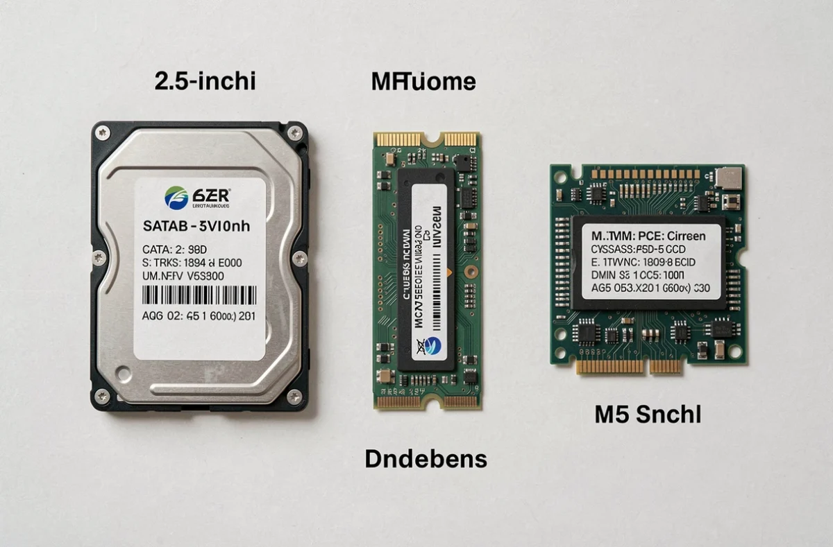 Comparaison de trois formats de SSD côte à côte — SATA 2,5 pouces, M.2 NVMe et carte PCIe — sur fond blanc mat en vue du dessus