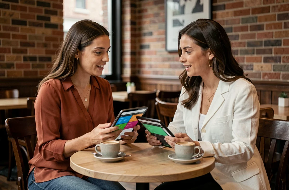 Deux professionnelles comparant des outils de création numérique sur des tablettes dans un café urbain élégant