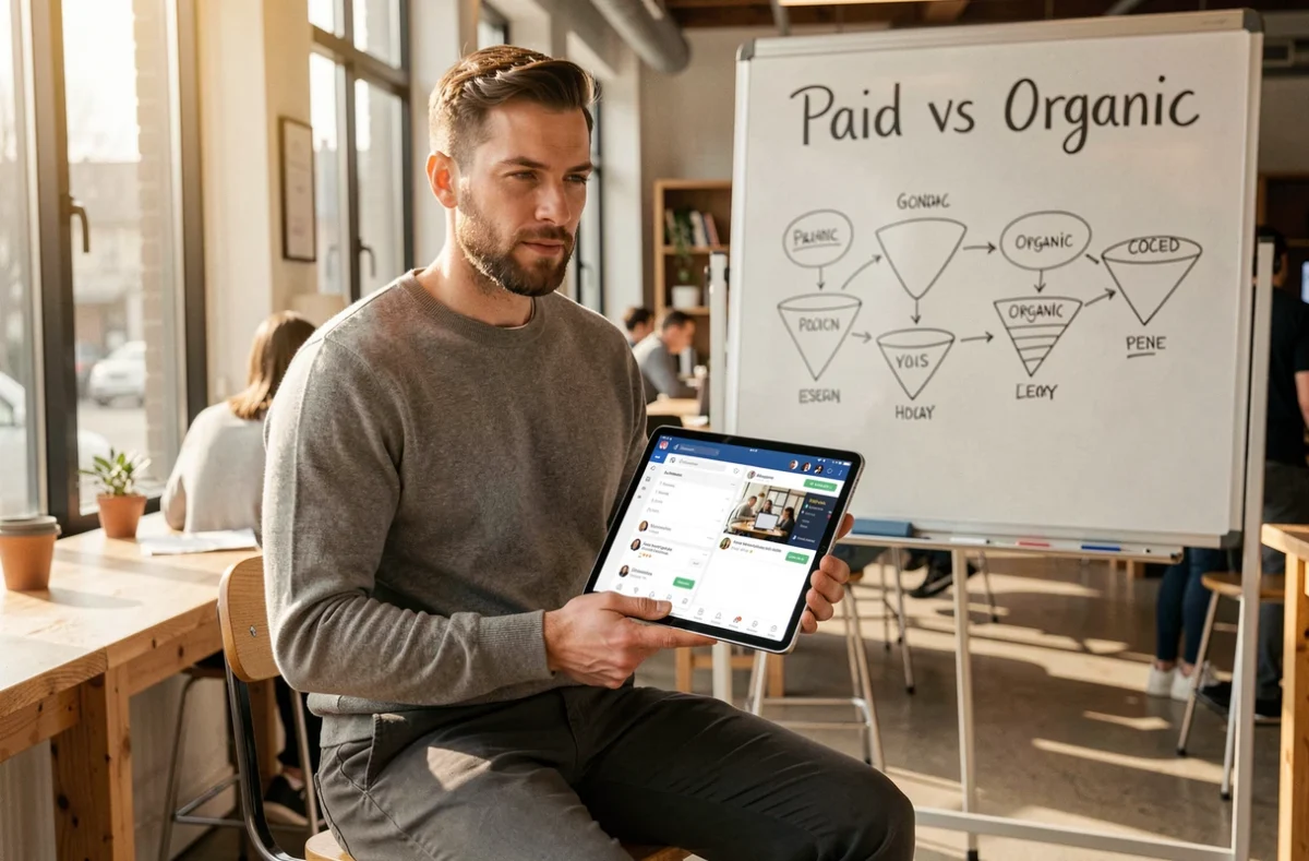 Jeune professionnel comparant la publicité payante sur Facebook Ads et la gestion SMM organique sur une tablette dans un espace de coworking