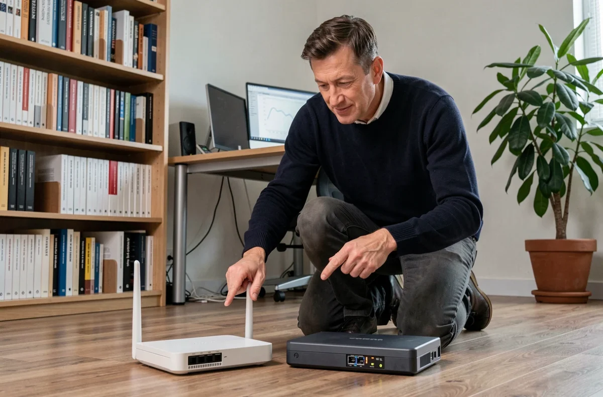 Comparaison entre un routeur WiFi et un module LiFi posés côte à côte sur le sol d'un bureau à domicile