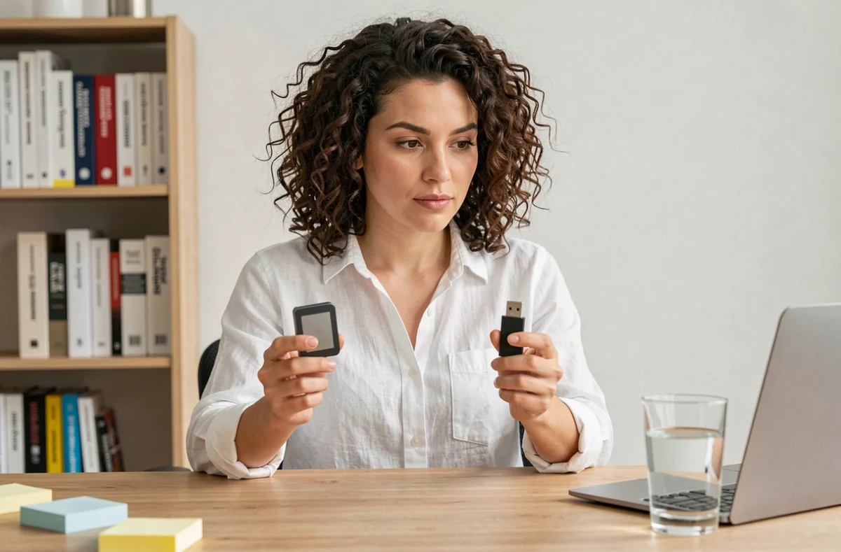 Femme comparant un SSD portable et une clé USB pour choisir la meilleure solution de stockage de données à domicile