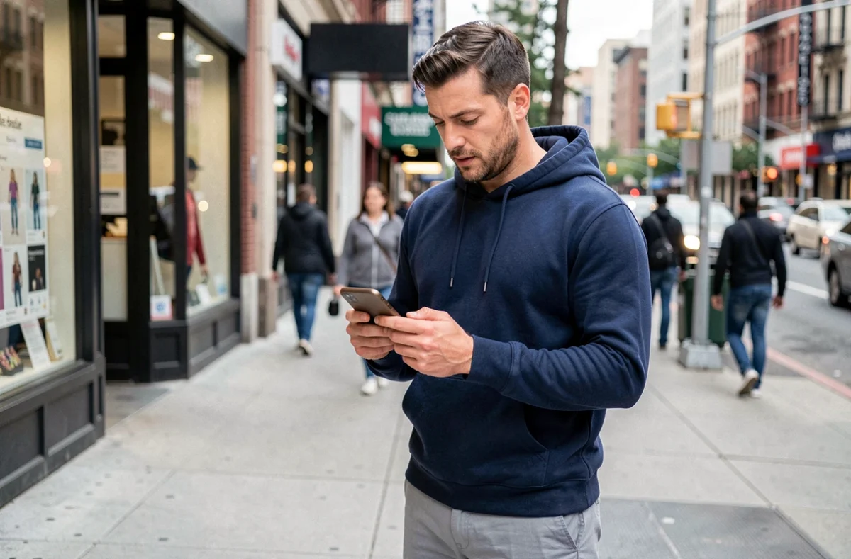 Homme utilisant son smartphone pour faire des achats en ligne dans une rue commerçante, exemple de comportement mobile first