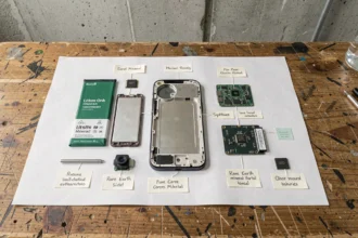 Composants internes d'un smartphone démontés sur une table de laboratoire, illustrant les éléments polluants du téléphone portable