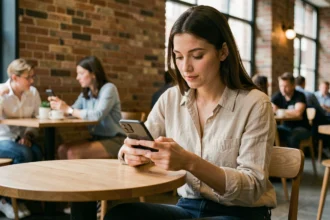 Jeune femme consultant son smartphone dans un café moderne, illustrant la consommation mobile first au quotidien