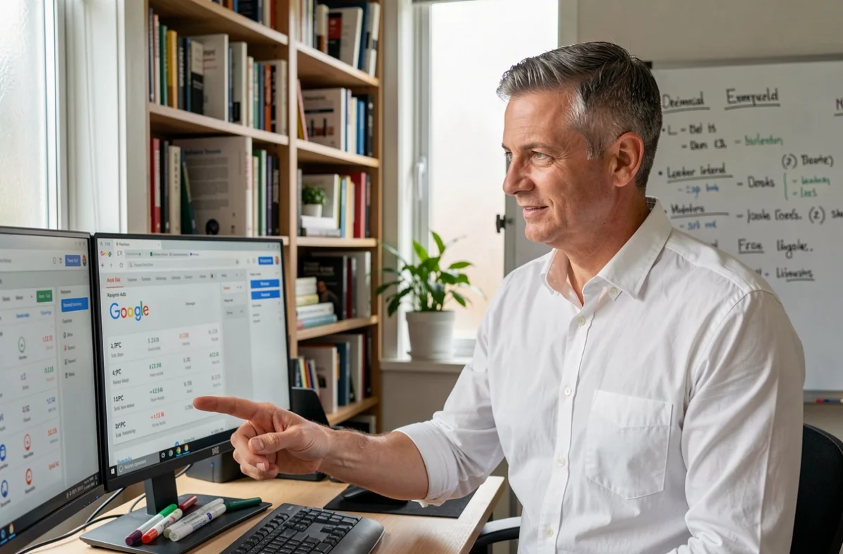 Consultant SEO analysant les coûts par clic dans Google Ads Keyword Planner sur double écran dans un bureau à domicile