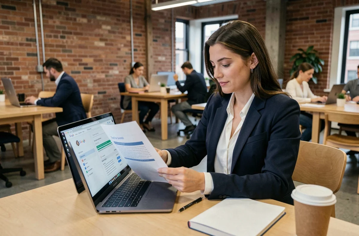 Consultante SEO professionnelle analysant des rapports de référencement naturel dans un espace de coworking moderne